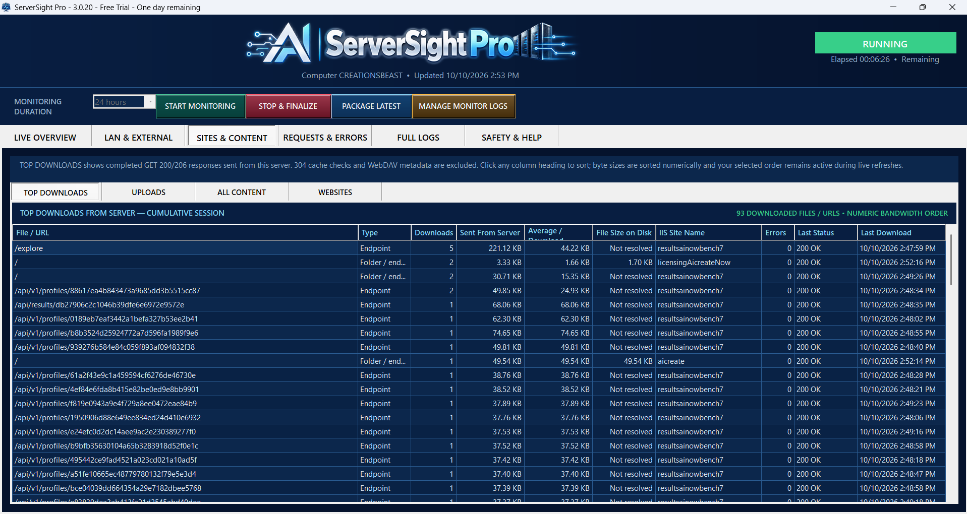 Cumulative completed downloads table with URLs, type, download counts, bytes sent, average transfer, disk size when available, site, errors, last status and last access.
